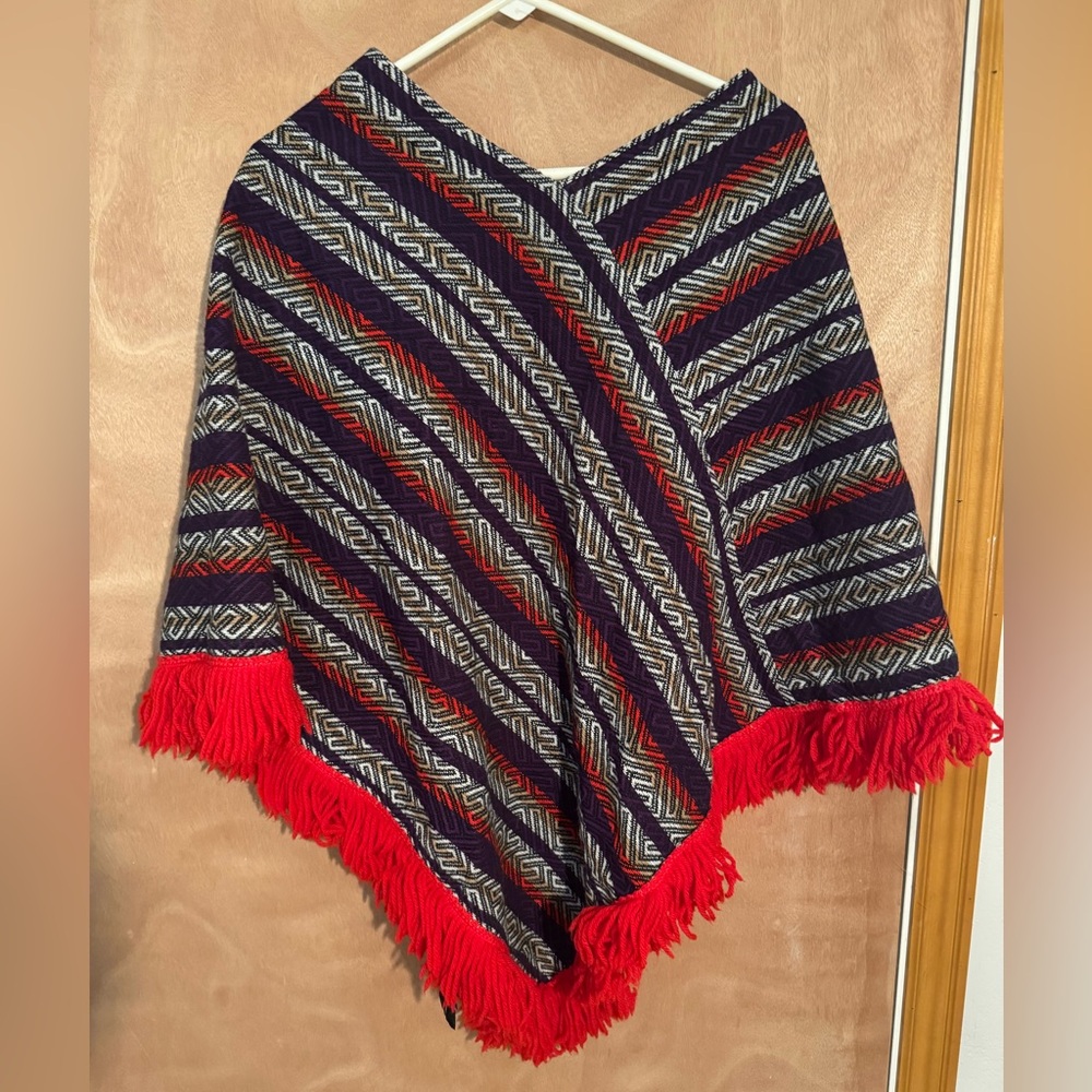 Colorful Geometric Patterned Poncho with Fringe